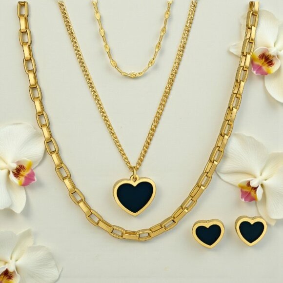 🆕️Elegant 18K Gold Plated Triple Layer Necklace & Heart Earrings Trendy Set ✨ - Picture 15 of 15